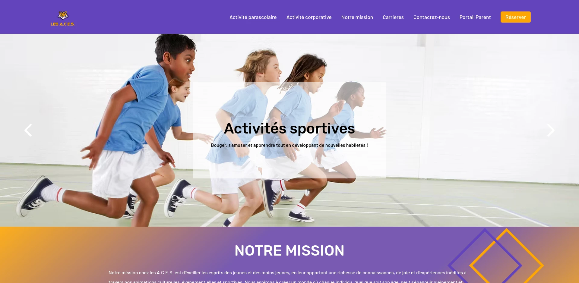 Capture du site public de Les A.C.E.S. montrant une page consacrée aux activités sportives.